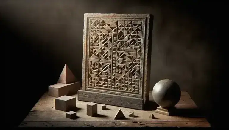Ancient stone tablet with geometric carvings on wooden stand, surrounded by solid geometric shapes on dark table.