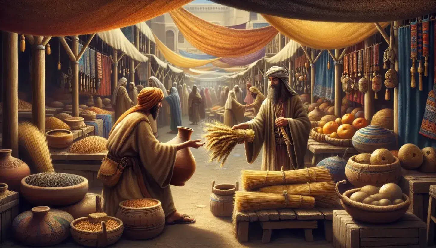 Bustling ancient marketplace with traders exchanging a clay jug for wheat sheaves, stalls with fruits, tools, textiles, and bronze metalwork under a clear sky.