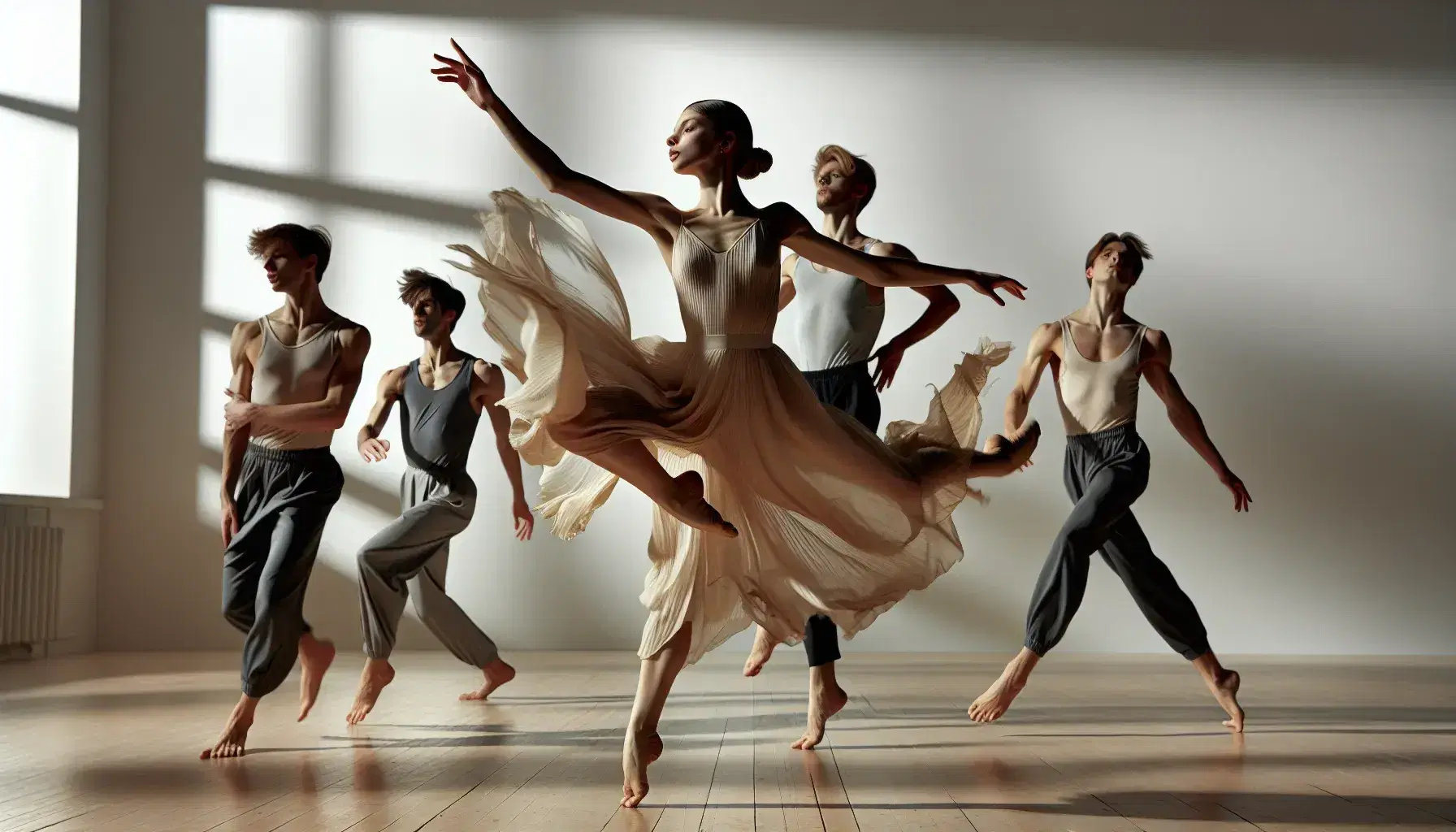 Grupo de cinco bailarines en actuación de danza moderna, con una bailarina central en salto dinámico y vestido crema, rodeada por compañeros en tonos grises y negros.