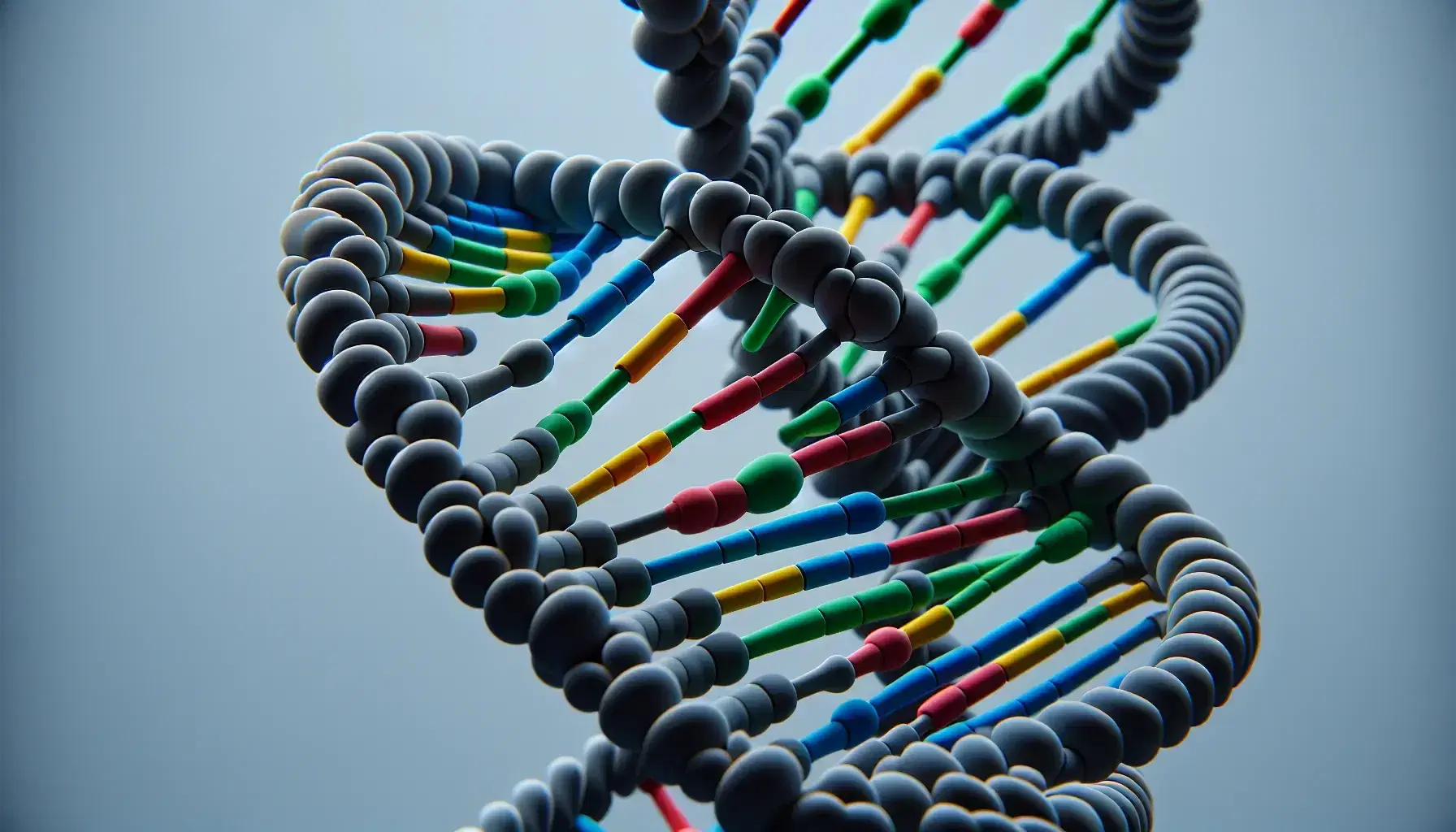 Three-dimensional model of a DNA double helix with intertwined spirals and colored bars representing the nucleotide bases.