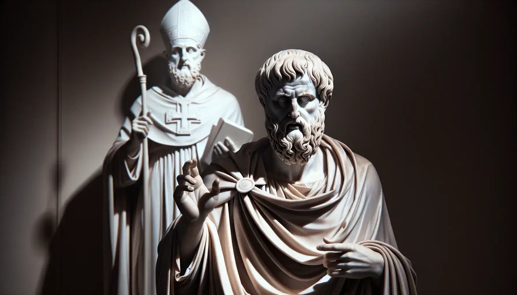 Estatua de mármol blanco de Platón con túnica y mano derecha alzada junto a estatua desenfocada de San Agustín con atuendo episcopal, sobre fondo neutro y suave iluminación lateral.