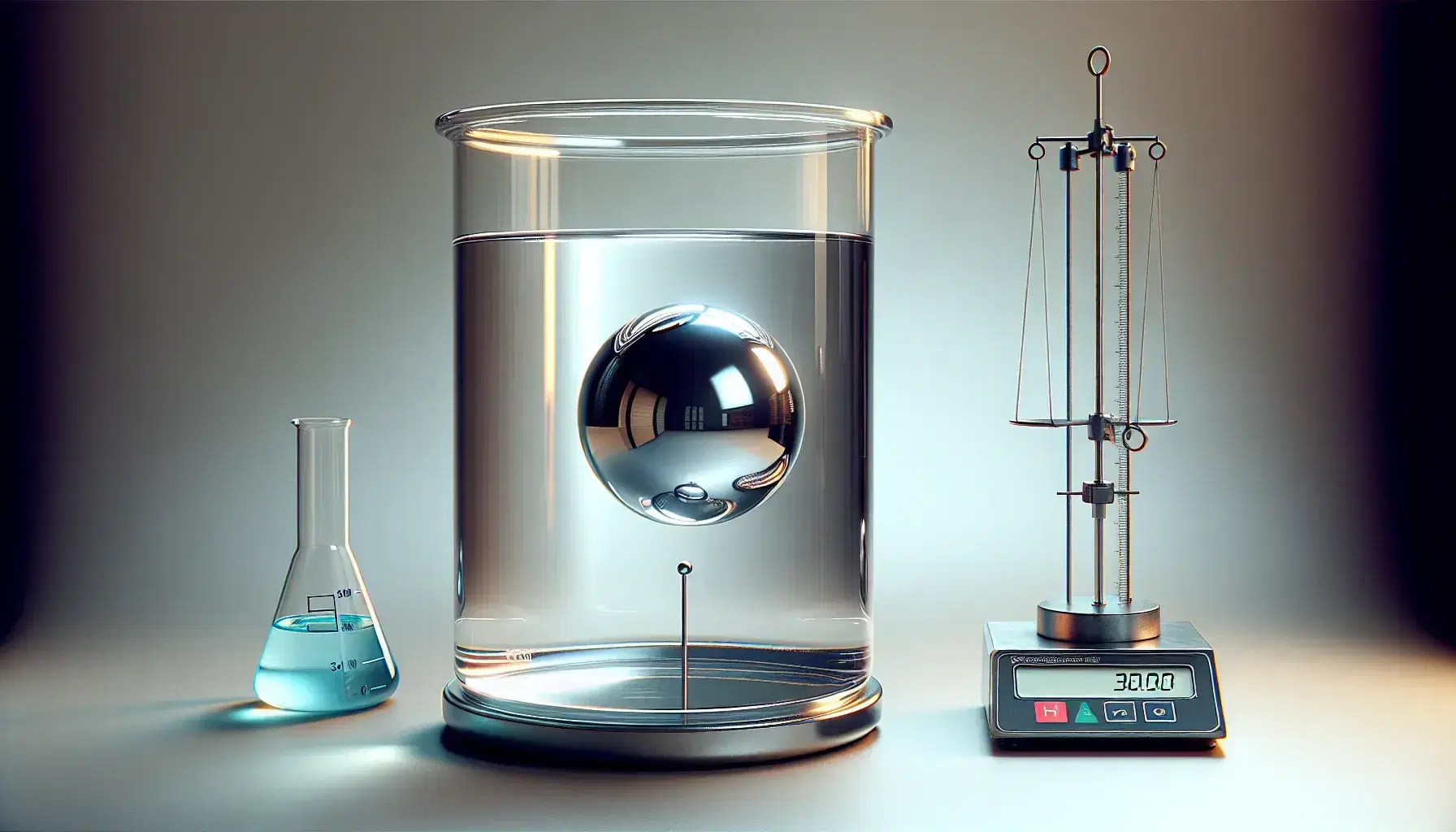 Experimento científico con esfera metálica flotante en recipiente de agua, balanza de laboratorio y cilindro graduado con líquido azul.