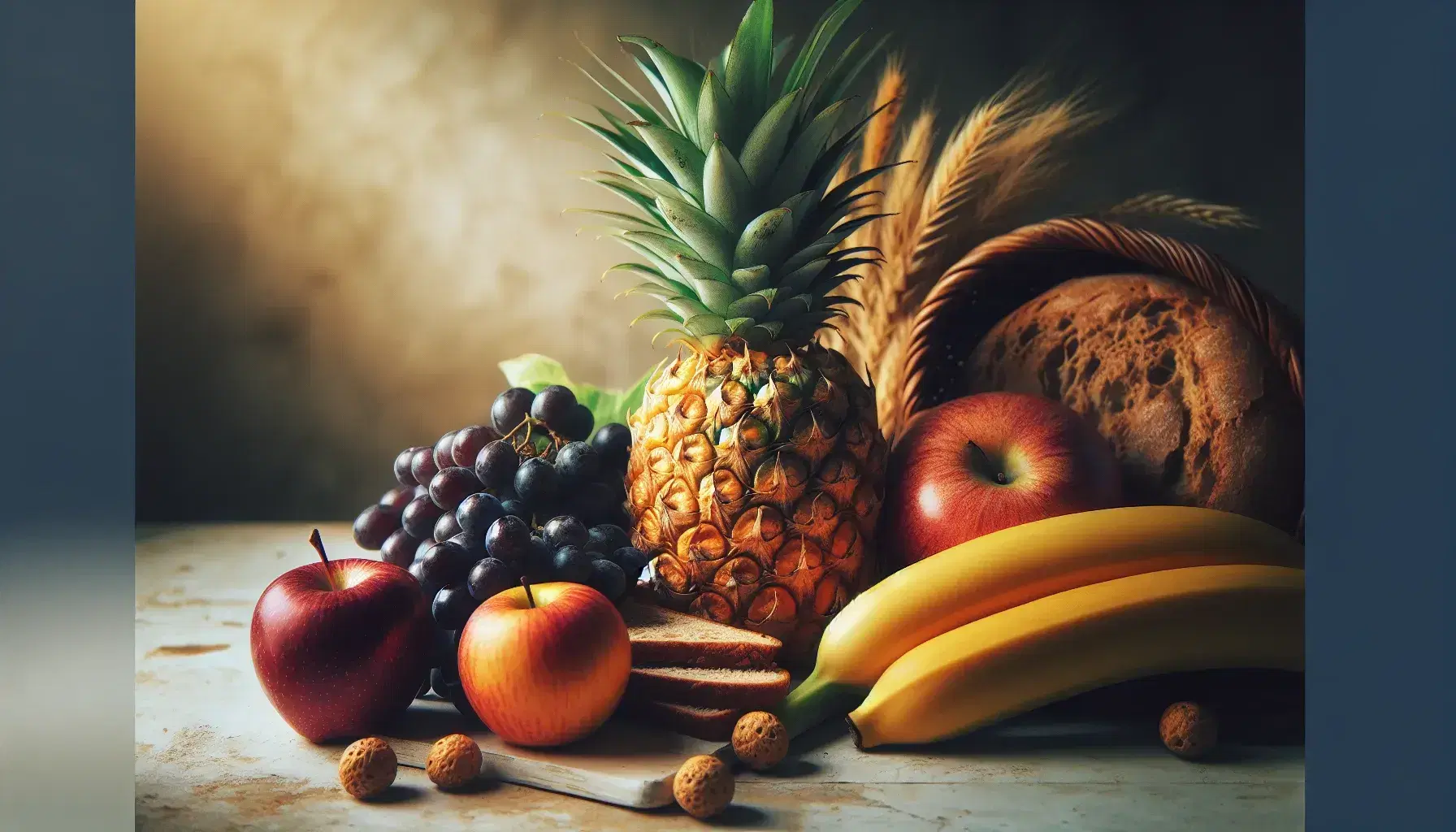 Variedad de frutas frescas y rebanada de pan integral sobre superficie de madera clara, con piña, uvas, manzana, banana y naranja iluminadas naturalmente.