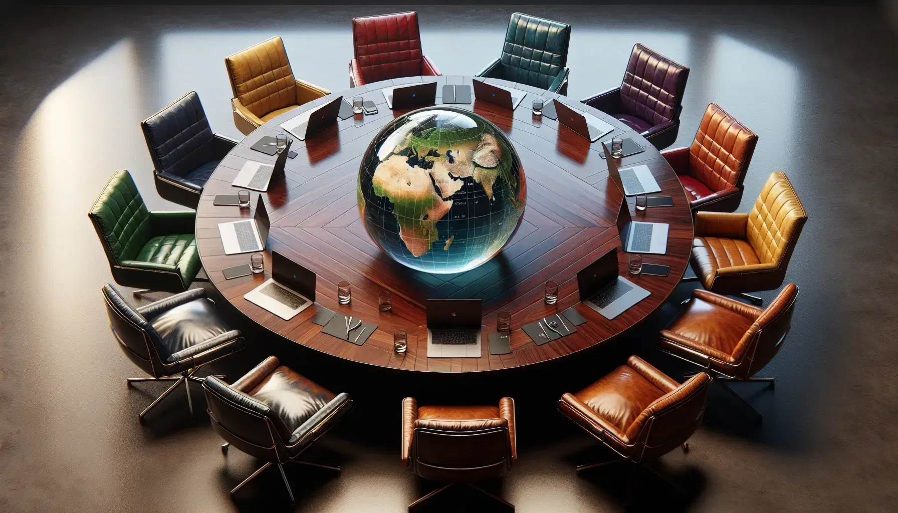 Polished wooden conference table with eight colorful leather chairs, clear glass globe centerpiece, four metallic laptops, and steaming coffee mugs.