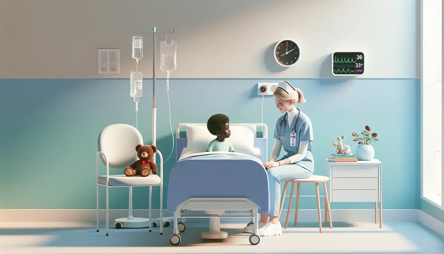 Habitación de hospital pediátrico con paredes en tonos pastel, cama infantil, enfermera interactuando con niño paciente y monitor de signos vitales.