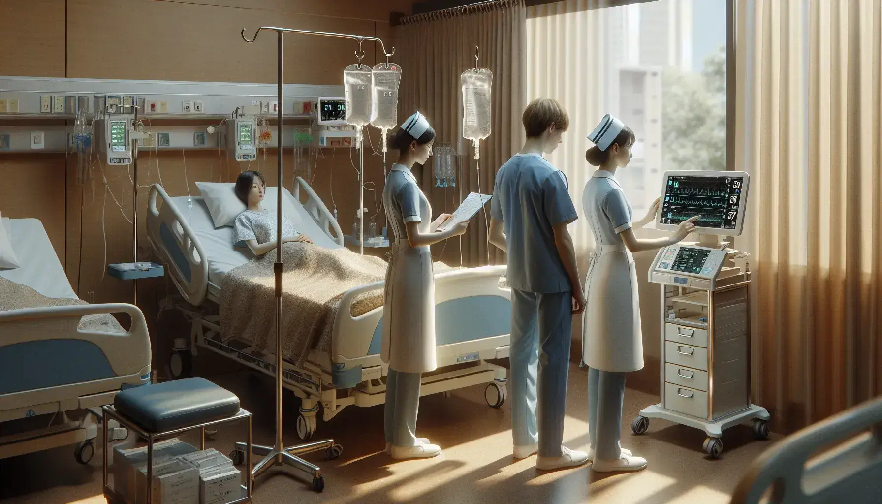 Profesionales de enfermería atienden a paciente en cama de hospital, ajustando suero y monitoreando signos vitales en ambiente clínico.