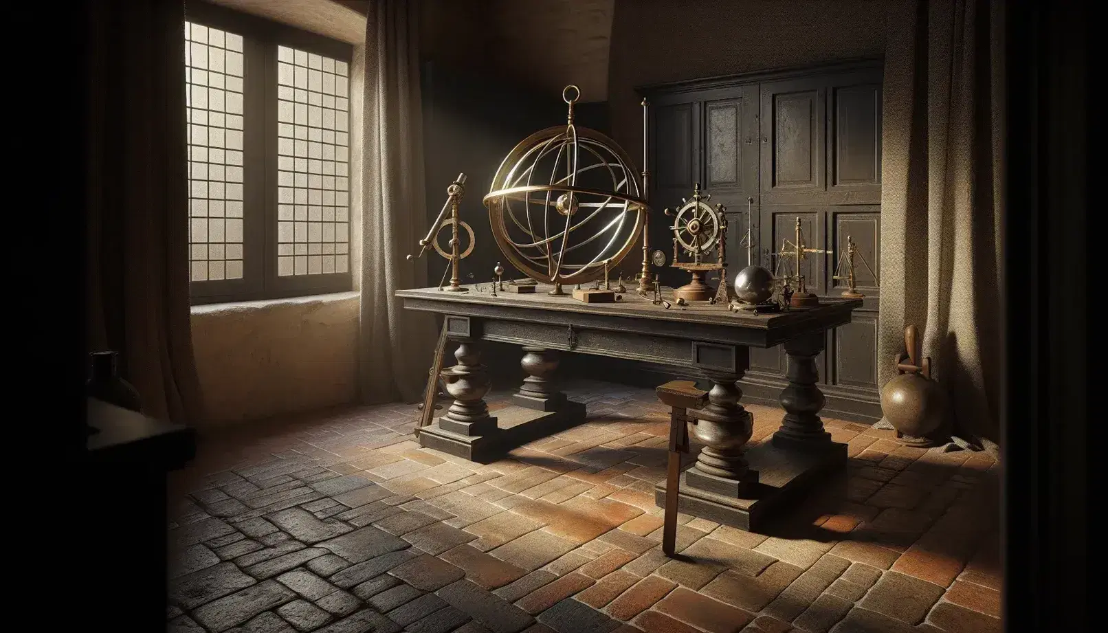 Laboratorio storico del XVII secolo con strumenti scientifici, tra cui bussola proporzionale, sfera armillare e telescopio, e pendolo in sfondo.