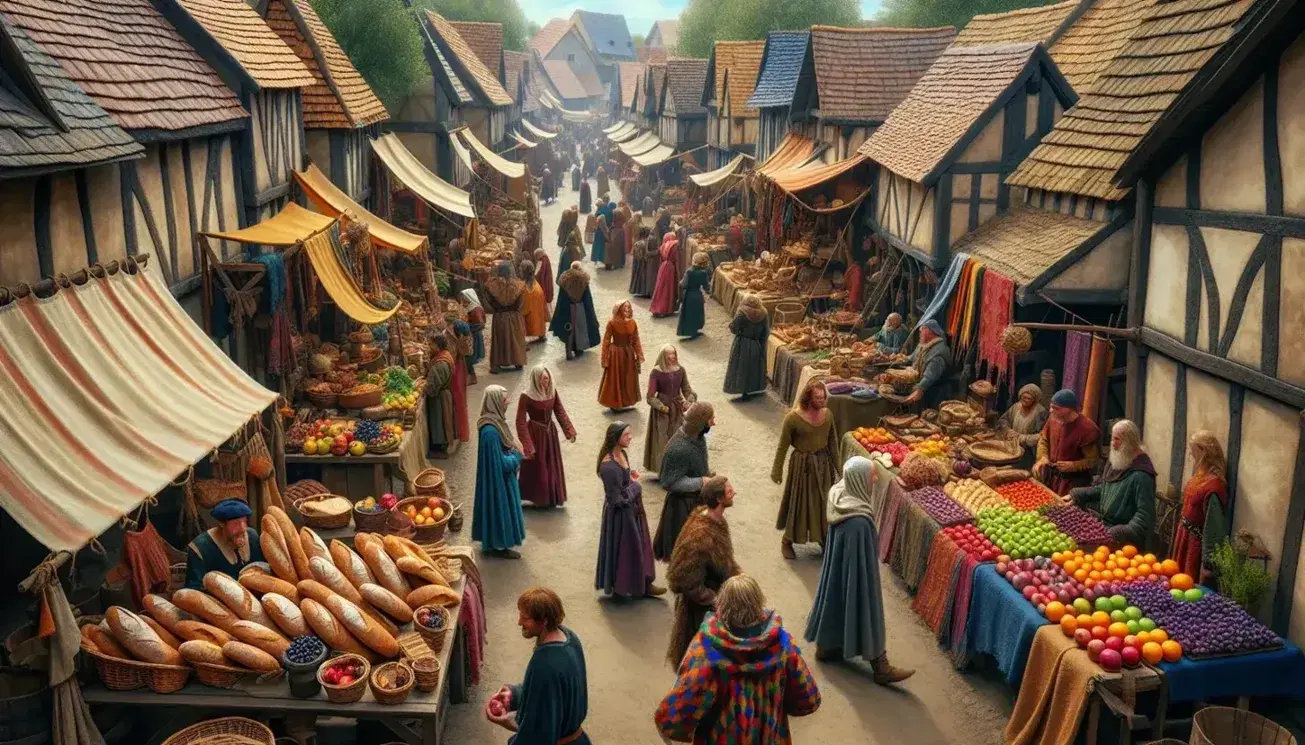 Fiera medievale in villaggio con banchi di pane, frutta e tessuti, giullare, persone in abiti d'epoca e case con tetti rossi sullo sfondo.