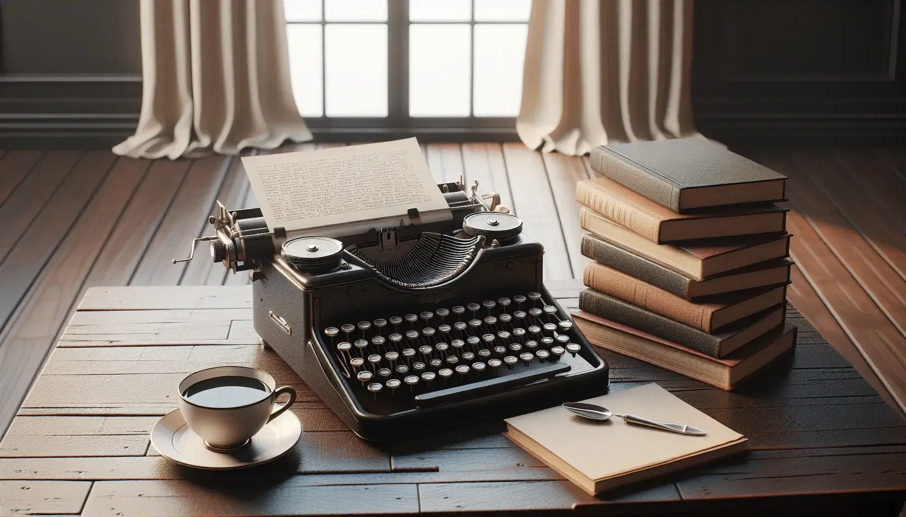 Macchina da scrivere vintage nera con tasti avorio su scrivania in legno scuro, accanto a libri impilati e tazza di caffè, sotto luce naturale.