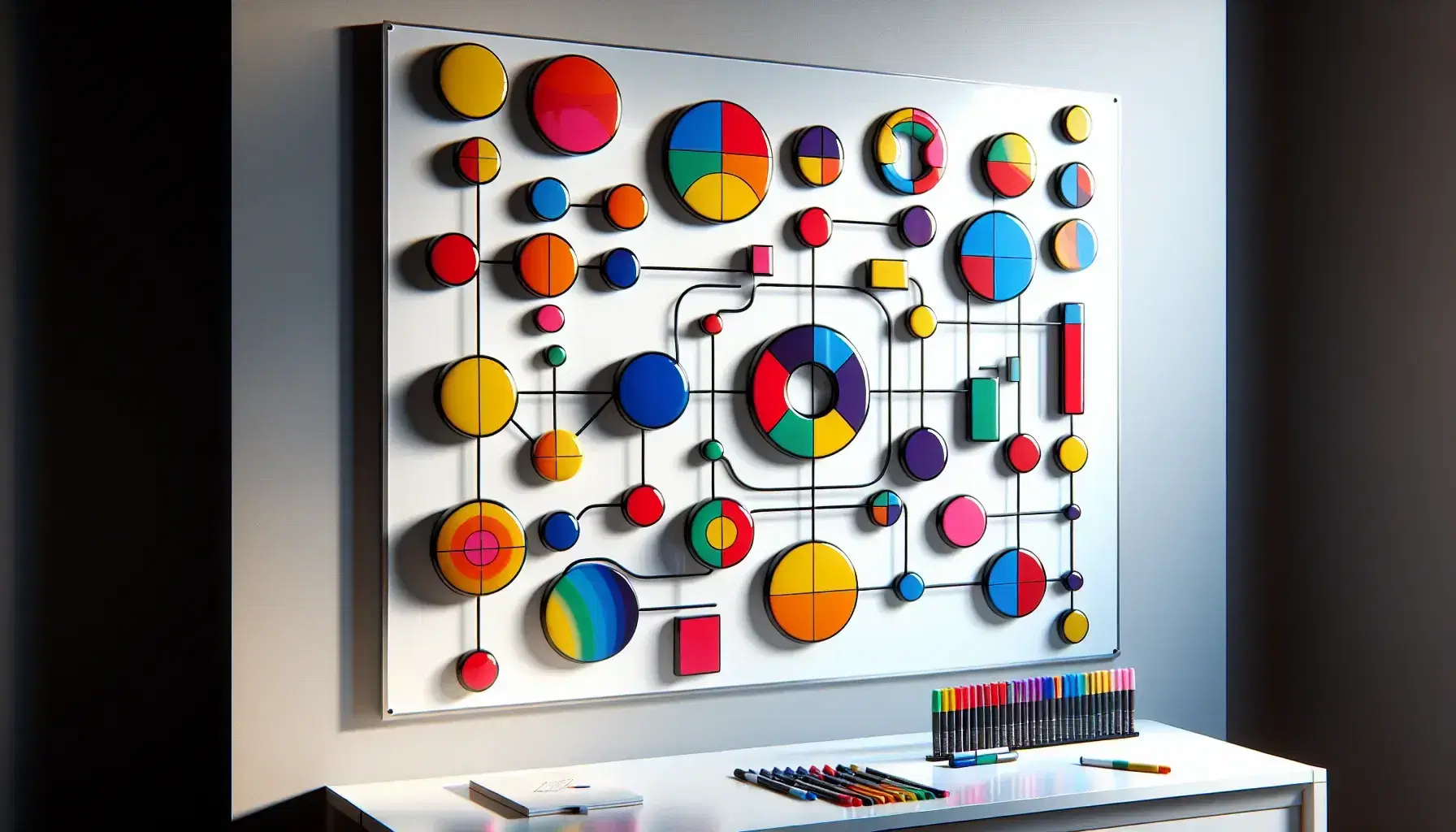Pizarra blanca con figuras geométricas de colores y líneas que interconectan, marcadores y borrador en repisa inferior, sin texto.