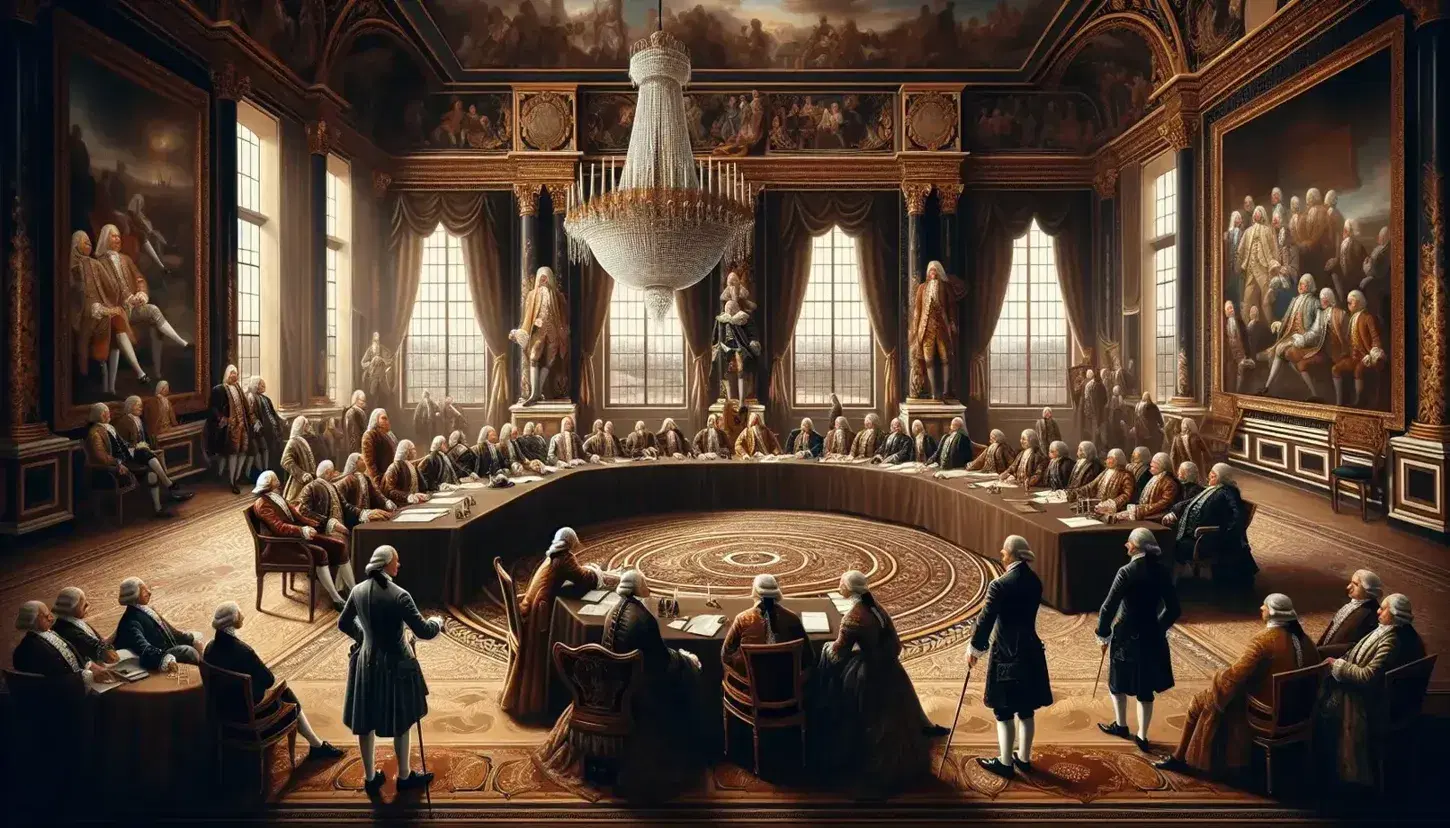 Rappresentazione artistica di un incontro storico in una sala sontuosa con uomini in abiti d'epoca attorno a un tavolo ovale.
