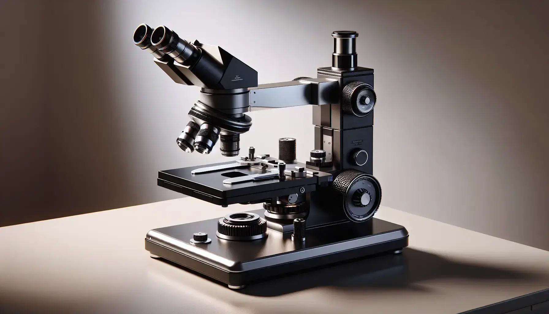 Microscopio de laboratorio óptico moderno sobre mesa de trabajo con base negra, revolver con tres objetivos y etapa con pinzas, en un entorno profesional.