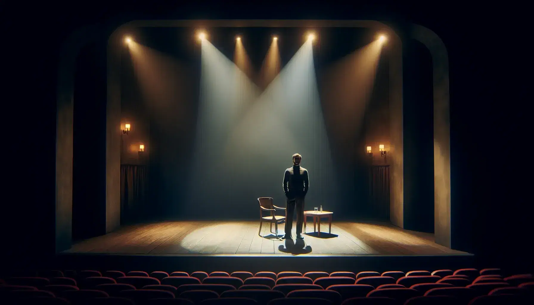 Actor in dark turtleneck mid-dialogue on a dimly lit stage with a wooden chair, small table, and glass of water, against a deep blue backdrop.