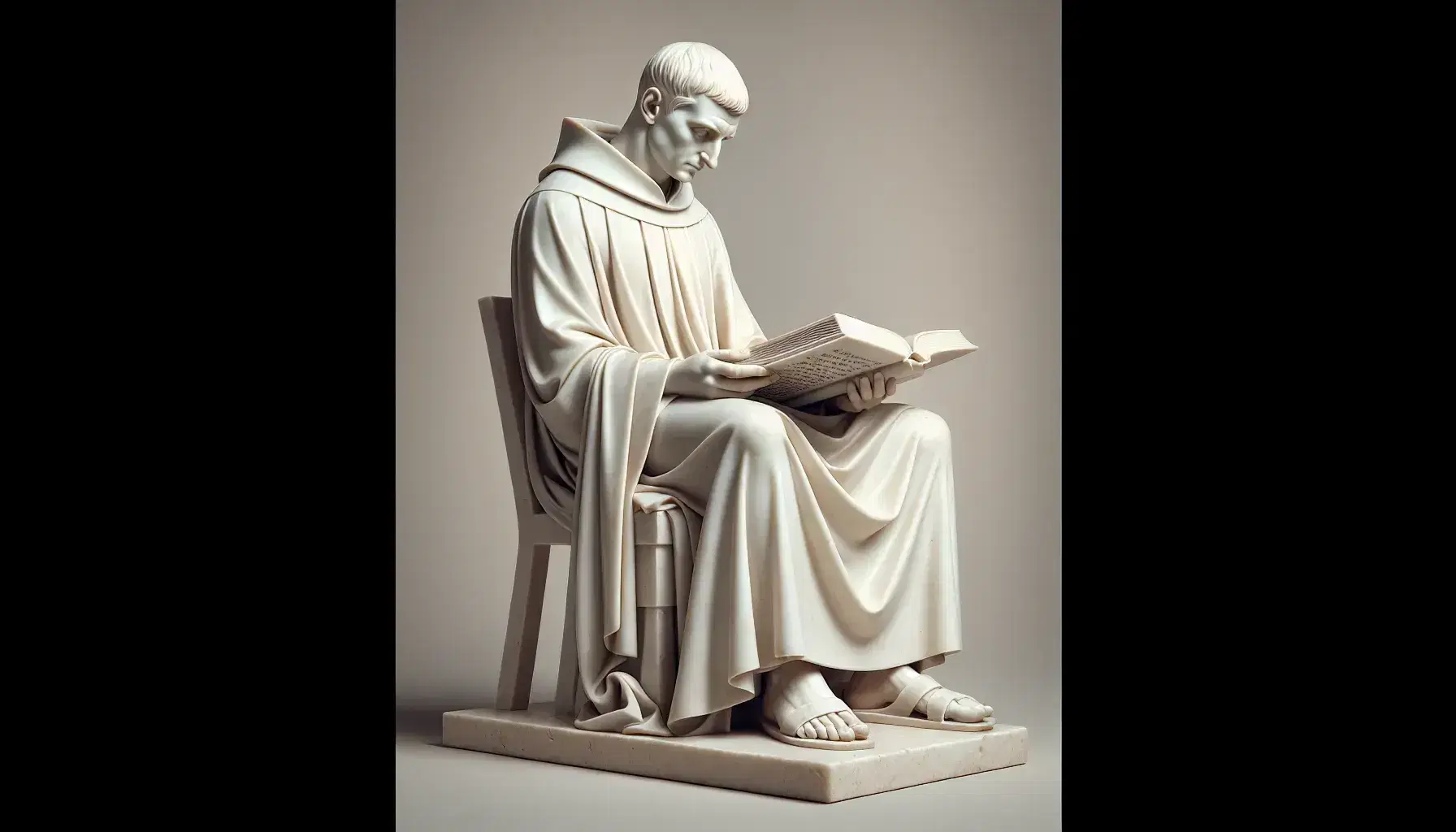 Statua in marmo di San Tommaso d'Aquino seduto, con toga, che legge un libro, su sfondo neutro.