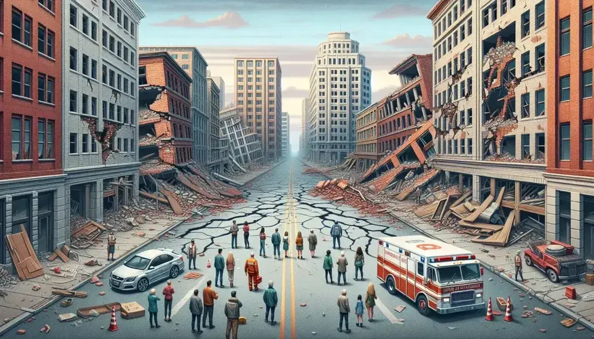 Strada asfaltata crepata con edifici danneggiati e persone che osservano dopo un terremoto, veicolo di emergenza e soccorritori attivi.