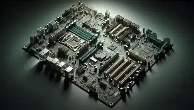 Scheda madre computer verde con slot RAM vuoti, socket processore, connettori PCI Express e componenti elettronici metallici.