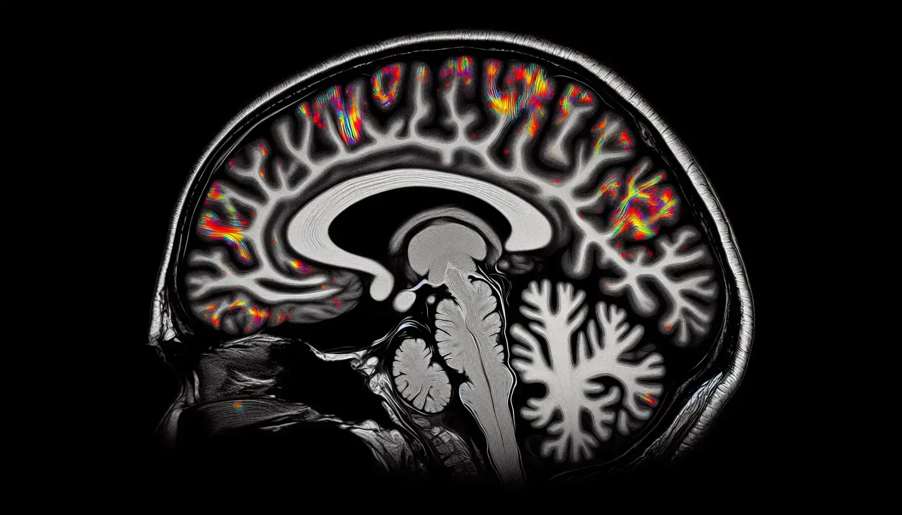 Resonancia magnética funcional del cerebro humano mostrando actividad en la amígdala, hipotálamo y corteza prefrontal, destacada en rojo y amarillo sobre fondo negro.