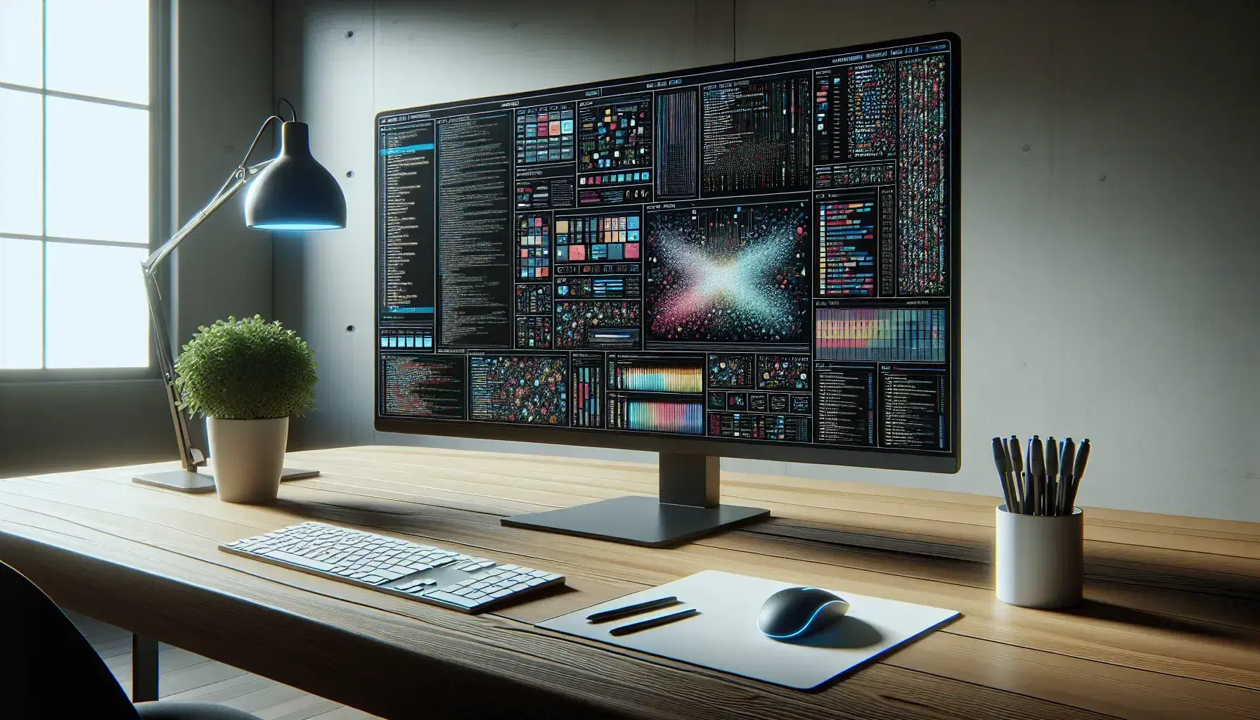 Modern office with wooden desk, monitor with abstract graphical interface, ergonomic keyboard, blue LED mouse and green plant.