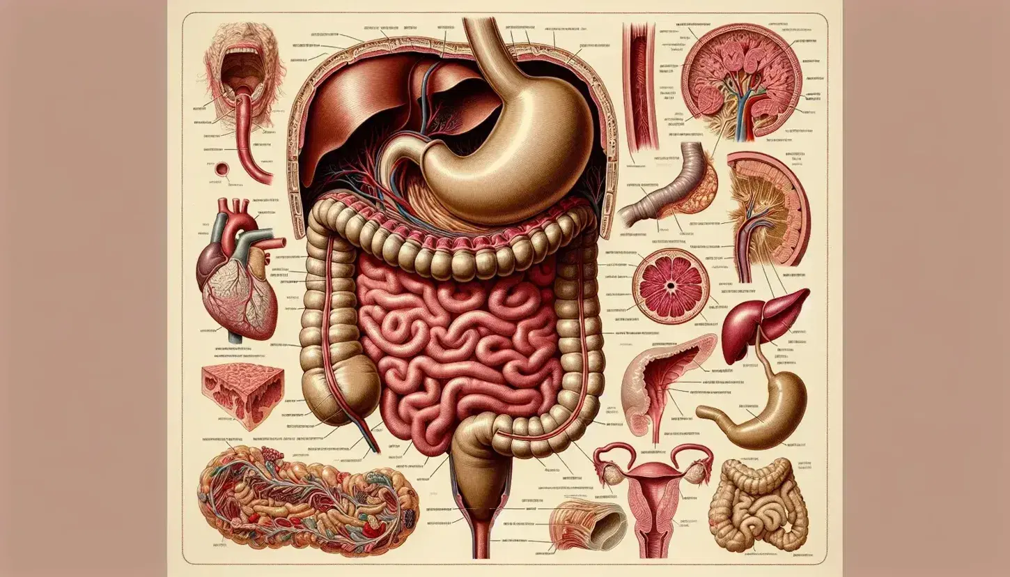 Cross-section view of the human digestive system, with details of the mouth, esophagus, stomach, small and large intestine, liver, gallbladder and pancreas.