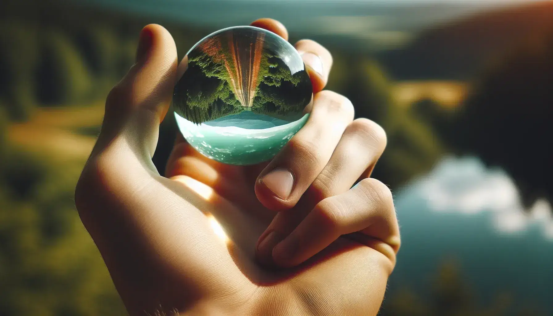 Hand holding a glass marble with a reflected, inverted image of a natural landscape, showcasing trees and sky with soft, muted colors.