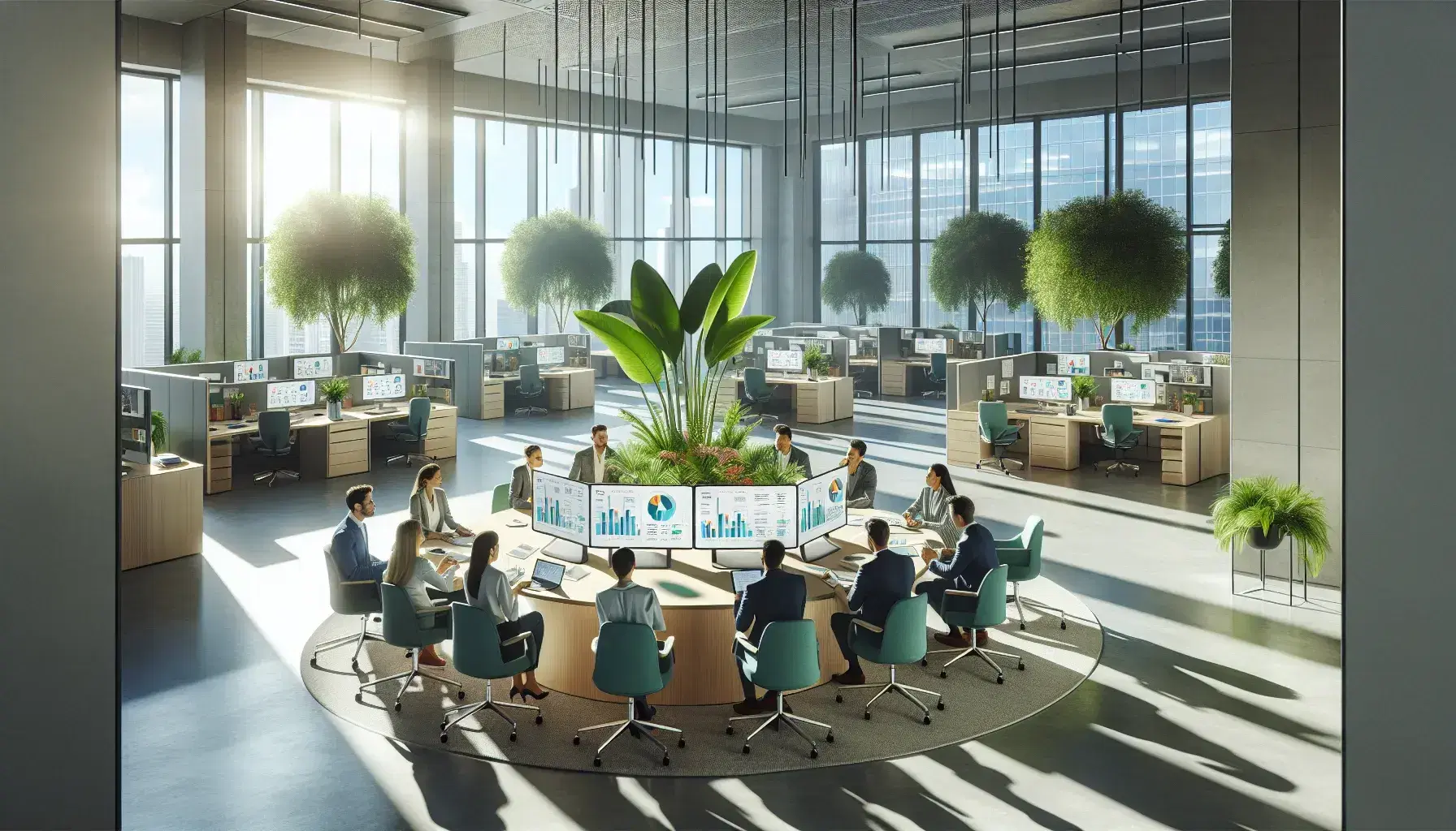 Bright modern office with employees engaged in discussion around a circular table, digital tablets on display, ergonomic workstations, and large windows letting in sunlight.