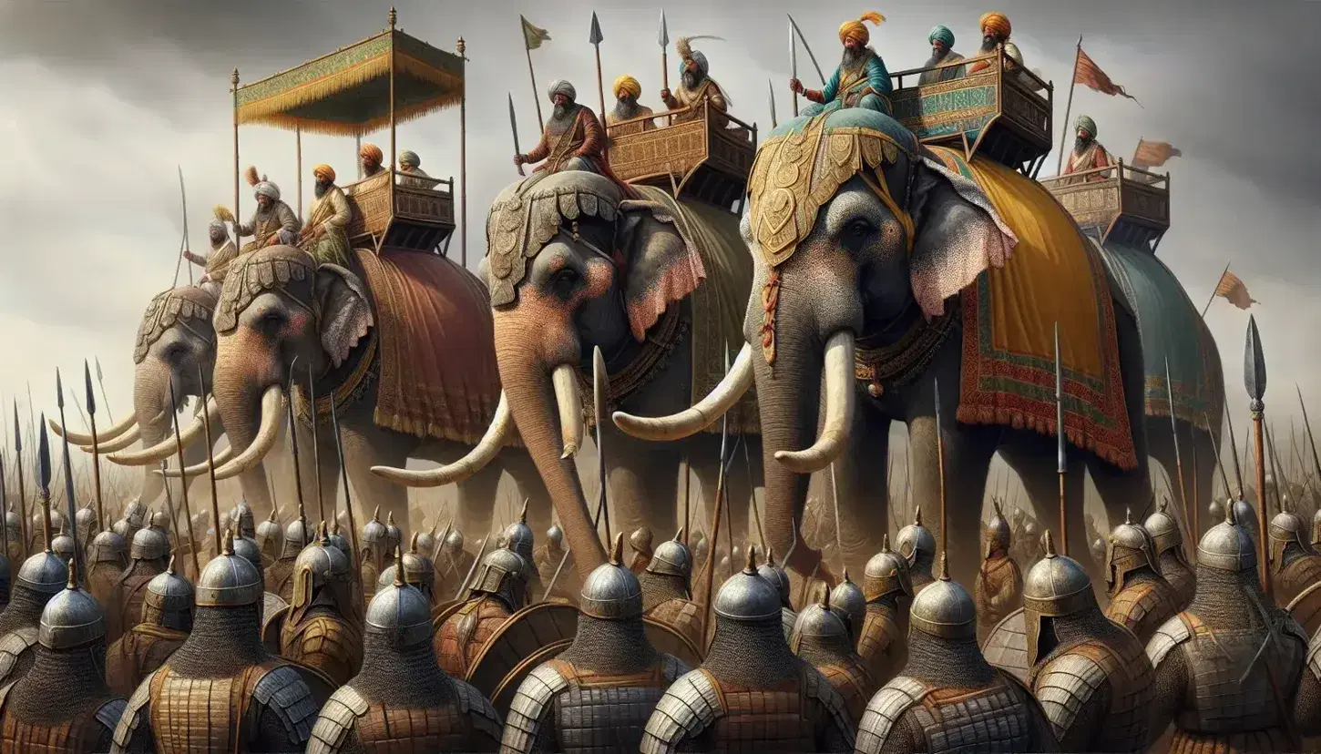 Armored elephants with colorful caparisons and howdahs lead soldiers in chainmail and helmets wielding swords and spears on an ancient Indian battlefield.