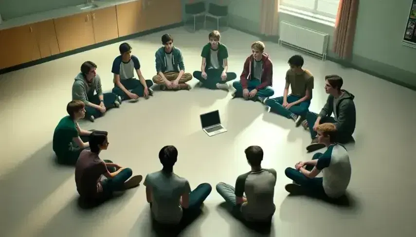 Gruppo di adolescenti concentrati in cerchio con laptop acceso in aula scolastica, riflettendo in ambiente illuminato naturalmente.