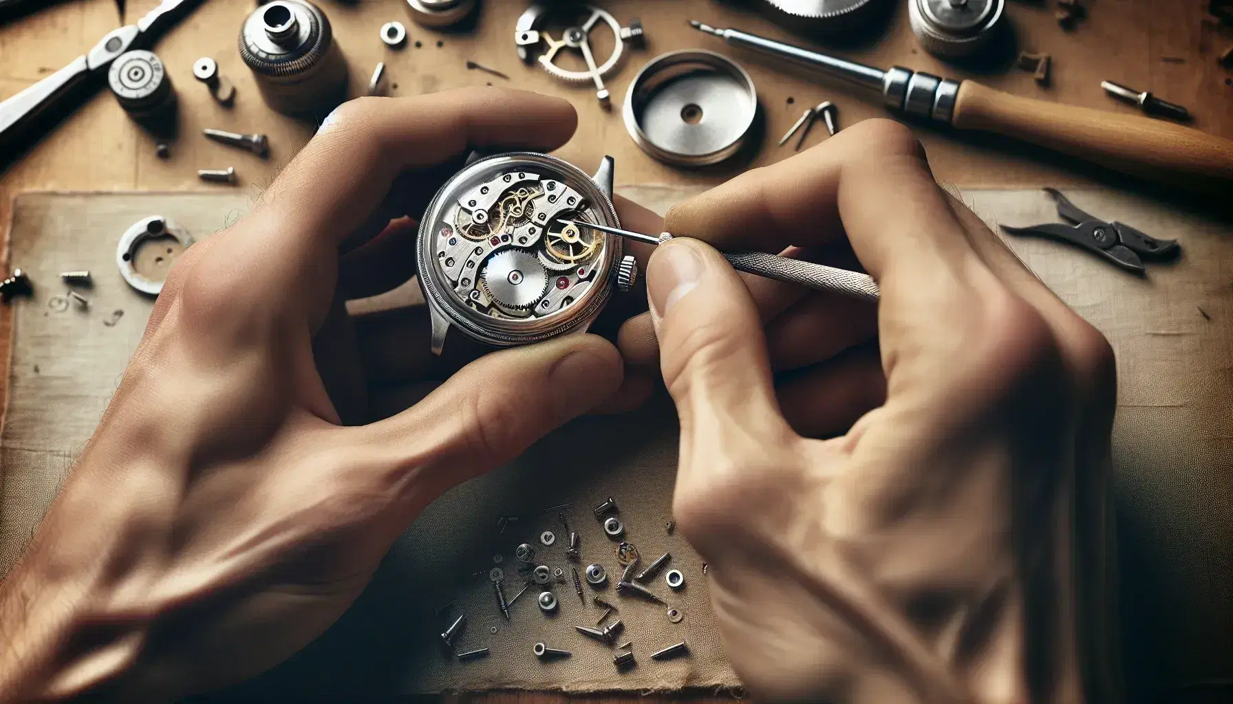Close-up view of a craftsman's hands expertly repairing a classic wristwatch, highlighting the intricate mechanical movement and precision tools.