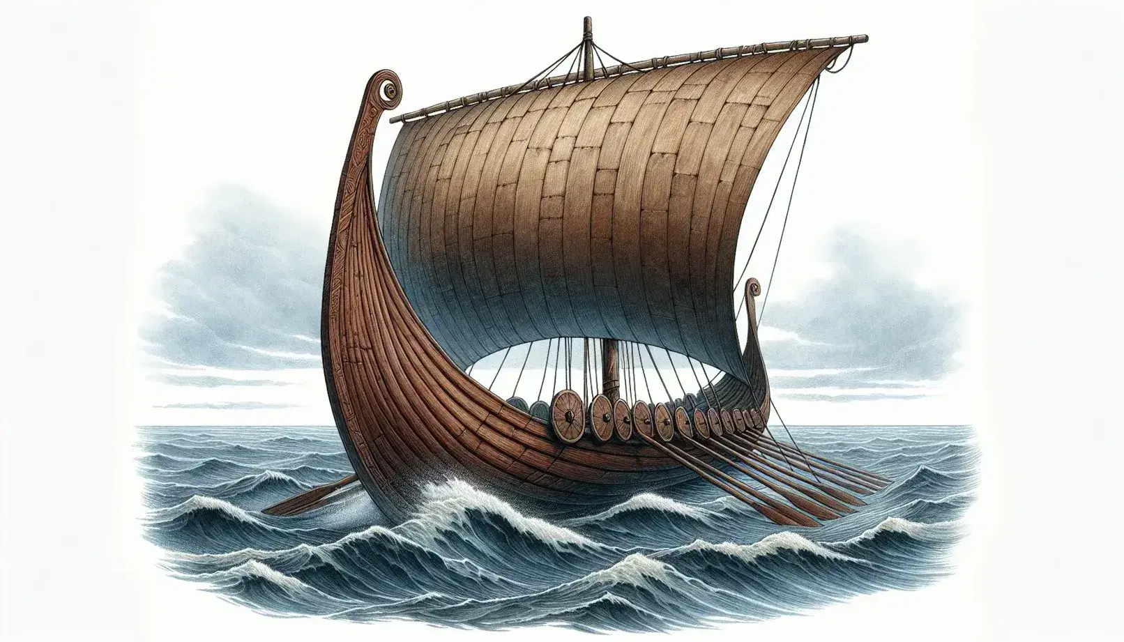 Viking longship at sea with a billowing square sail, ornate curled prows, and crew rowing amidst gentle waves, near a coastline.
