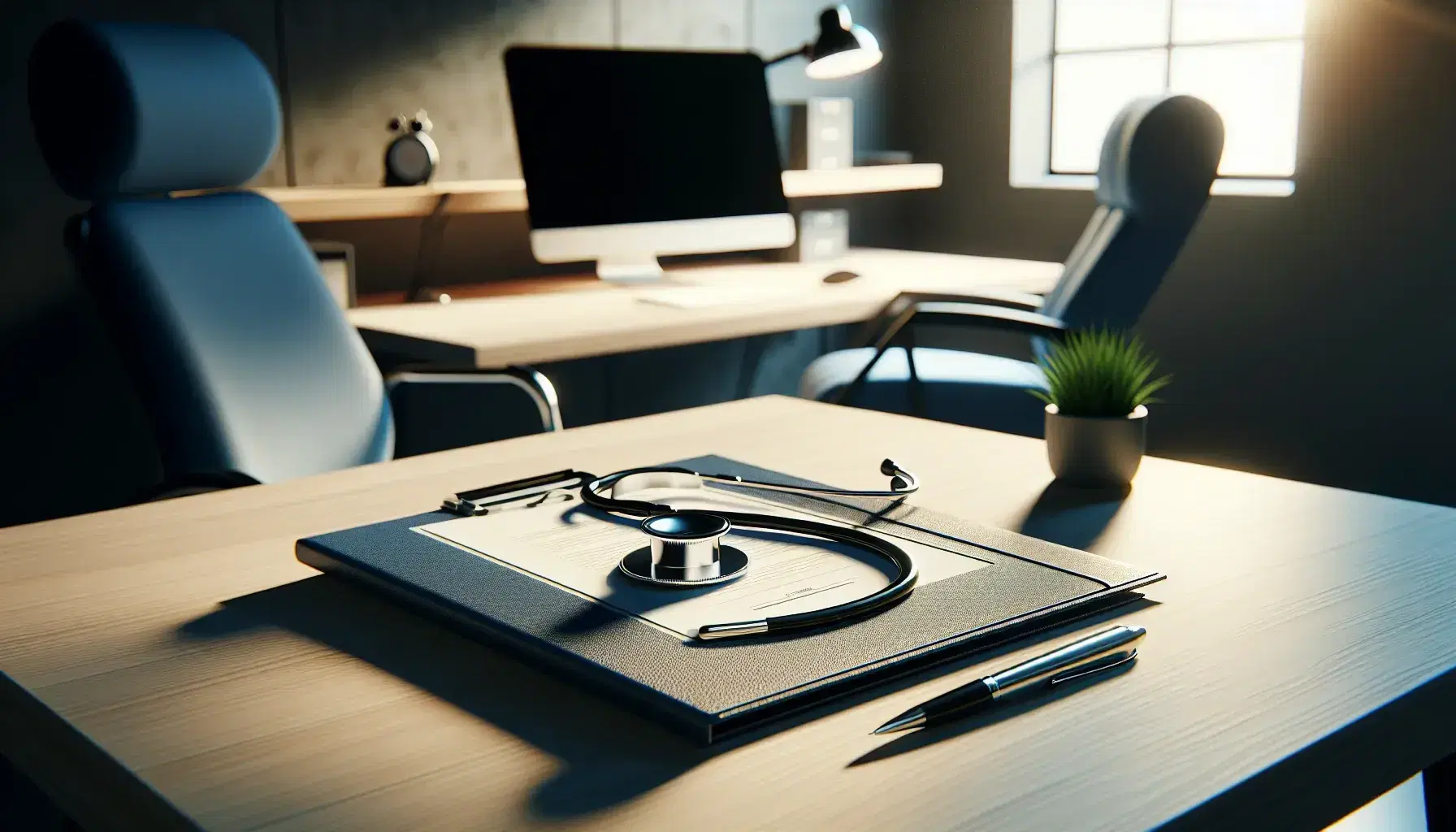 Escena de consultorio médico con mesa de madera, carpeta azul abierta, estetoscopio, bolígrafo plateado, silla de oficina y planta verde.