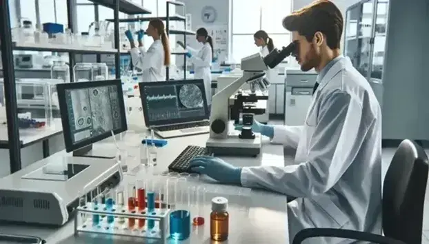 Profesionales de la salud trabajando en laboratorio, uno observando a través de un microscopio y otro usando un portátil, con estantes de frascos de líquidos coloridos al fondo.