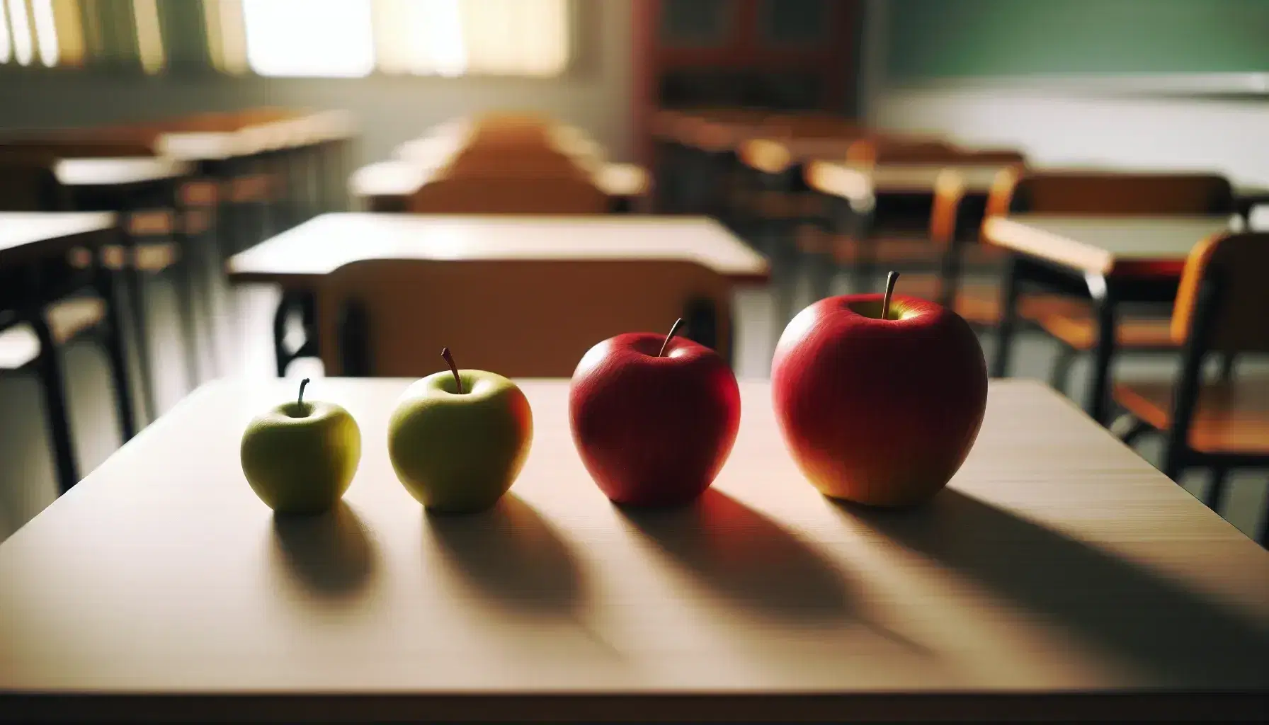 Tre mele di diverse dimensioni e colori allineate su banco scolastico in legno chiaro, con sfondo sfocato da aula.