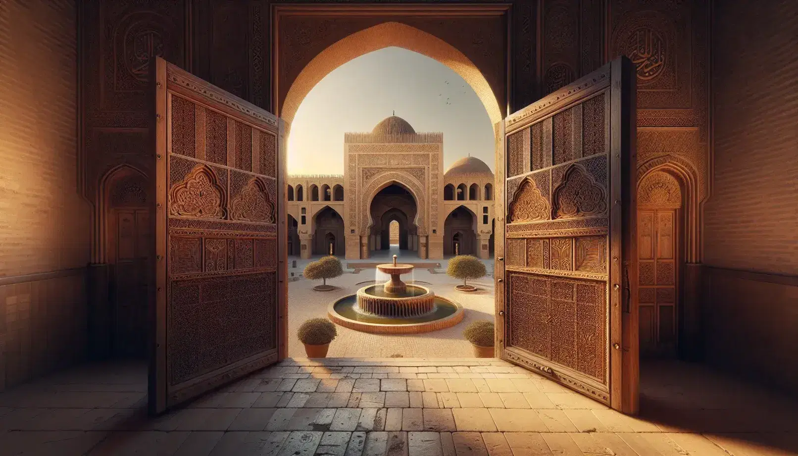 Entrance to Mustansiriya Madrasah with open carved wooden doors, stone courtyard, marble fountain, and Islamic arches under a clear blue sky.