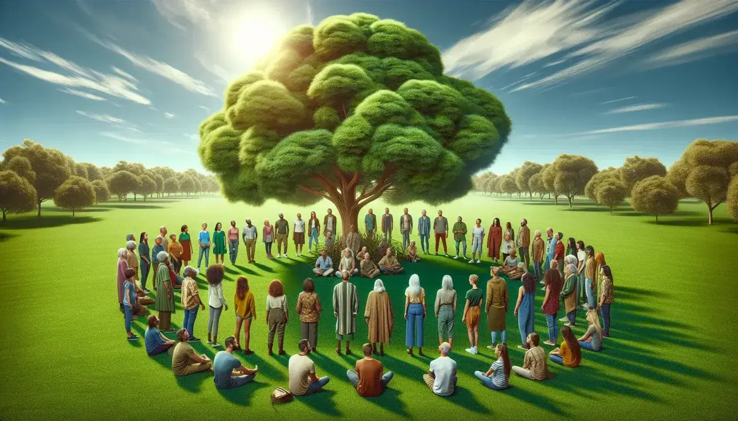 Gruppo eterogeneo di persone sedute in cerchio su prato verde sotto albero rigoglioso in giornata soleggiata, simbolo di comunità e dialogo.