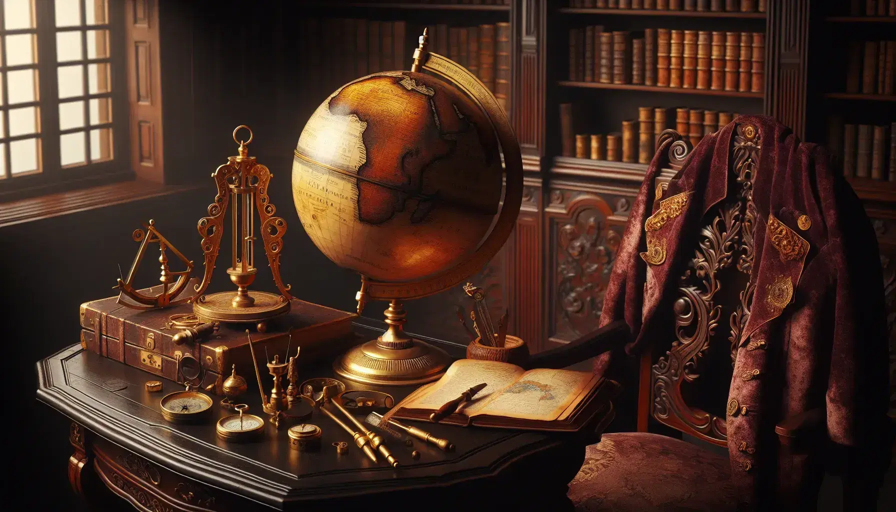 Estudio del siglo XVIII con mesa de madera oscura, globo antiguo, instrumentos de navegación de latón, silla con abrigo de terciopelo y estantería con libros encuadernados.