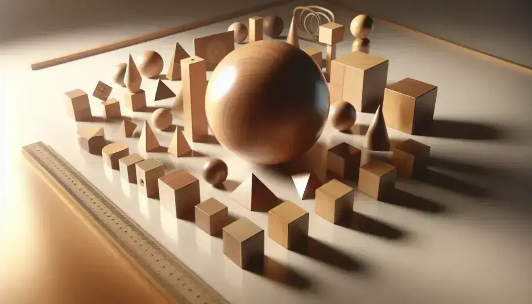 Conjunto de figuras geométricas de madera con esfera central en superficie lisa, rodeada de cubos, pirámides, cilindros y conos, bajo luz suave.