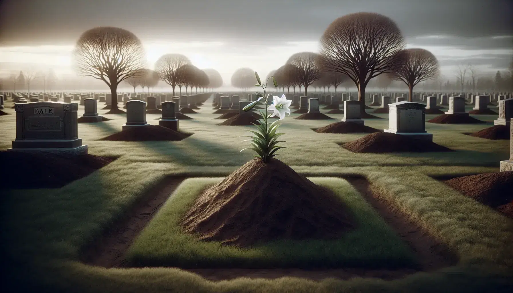 Serene cemetery scene with a fresh grave and white lily on soil, uniform headstones, and bare trees against an overcast sky.