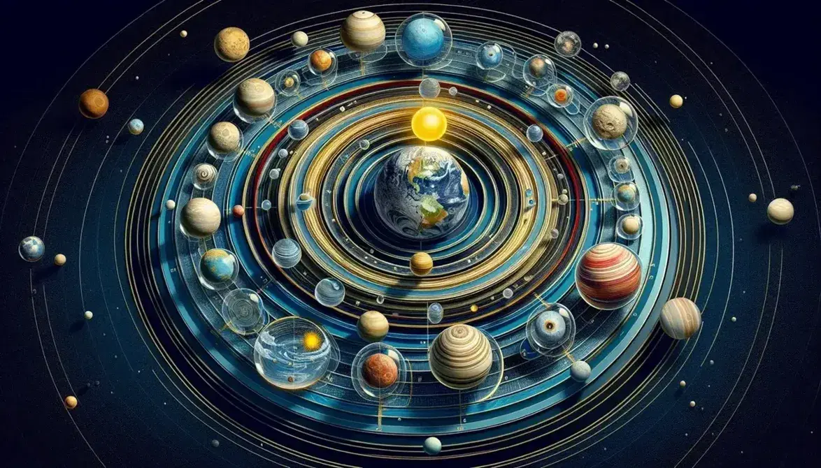 Representación artística del sistema geocéntrico con la Tierra en el centro, rodeada de esferas celestes y planetas marcados con bandas doradas.
