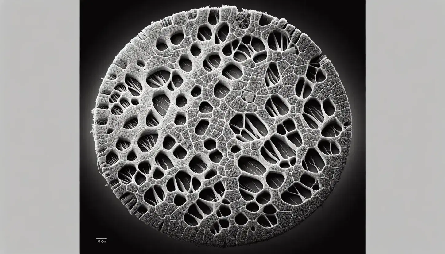 Micrografía electrónica de barrido en escala de grises mostrando la textura detallada y estructura de una pared celular vegetal con fibras entrecruzadas y poros.
