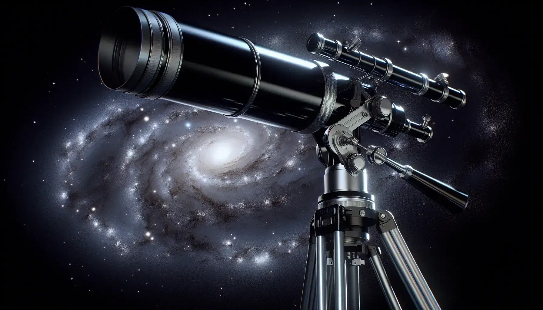 Telescopio astronómico refractor con tubo cilíndrico negro sobre trípode metálico, apuntando a un cielo nocturno estrellado con galaxia espiral visible.