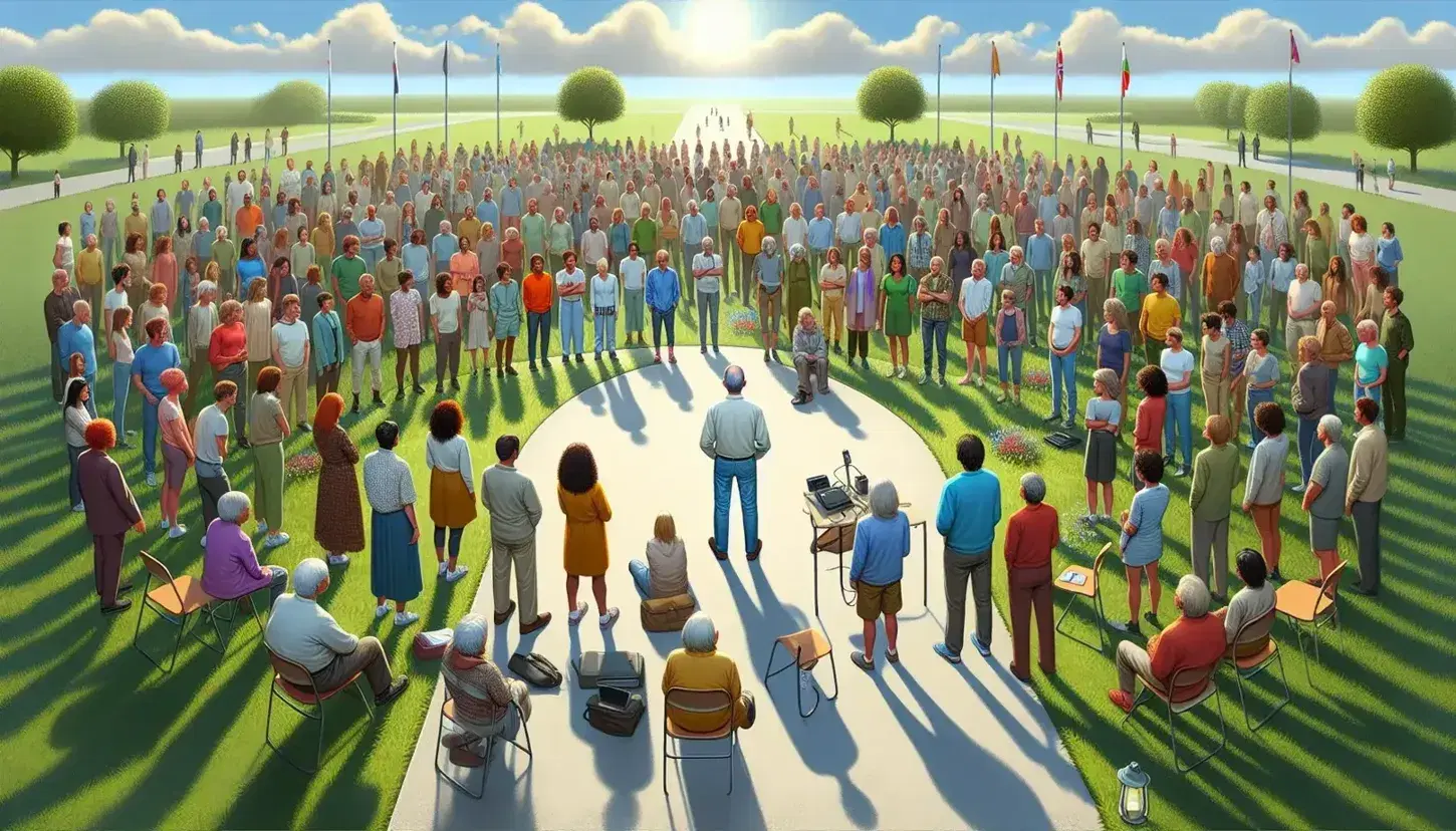 Grupo diverso de personas en asamblea al aire libre en un parque, escuchando a un orador en un día soleado con cielo azul y árboles verdes.