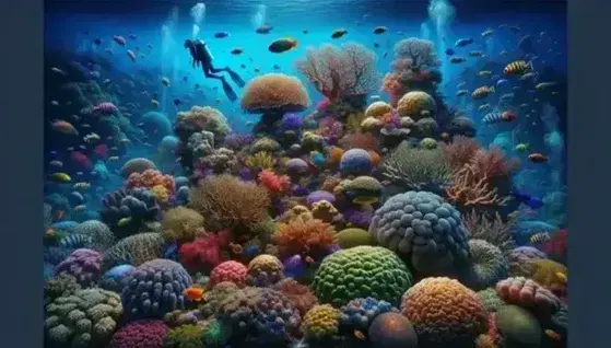 Vibrant underwater scene of a coral reef with colorful corals, colorful tropical fish and silhouettes of divers in the distance.