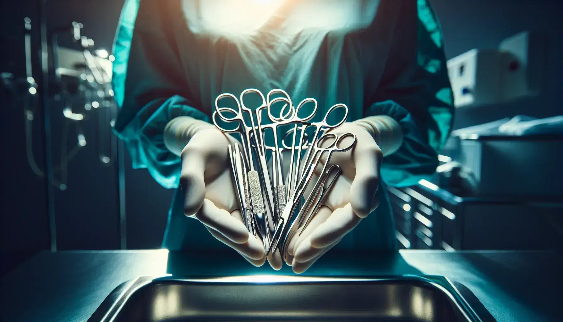 Manos enguantadas de profesional de enfermería sosteniendo instrumentos médicos esterilizados con fondo desenfocado de tonos azules y verdes en sala de cirugía.