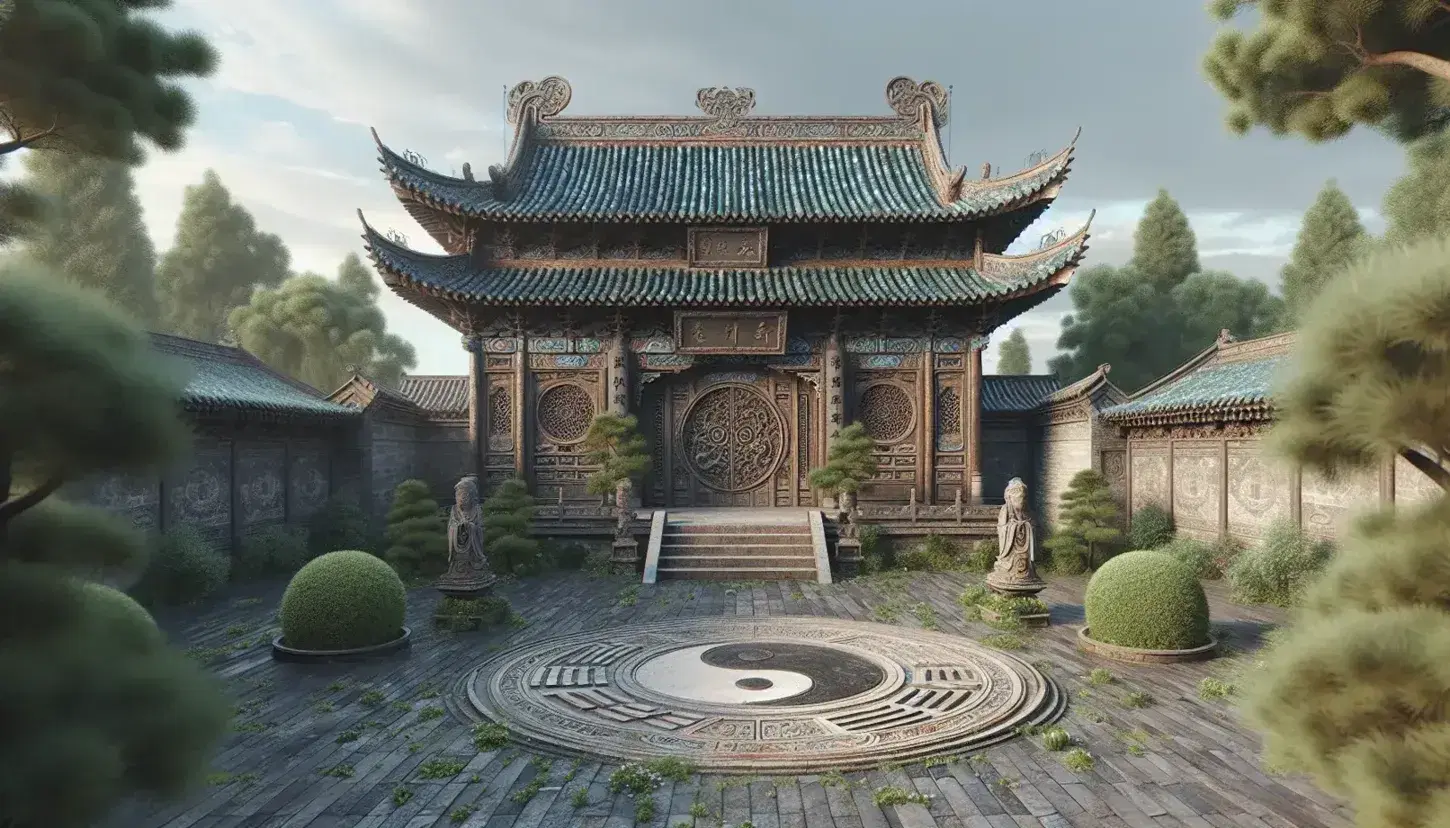Ancient Chinese-style church with curved roof and upturned eaves, yin-yang stone courtyard, wooden double doors, and a simple cross above the entrance.