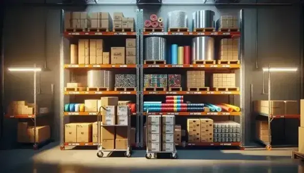 Estante metálico en almacén iluminado con rollos de tela, cajas de cartón, bolsas de piezas metálicas y contenedores de componentes electrónicos.