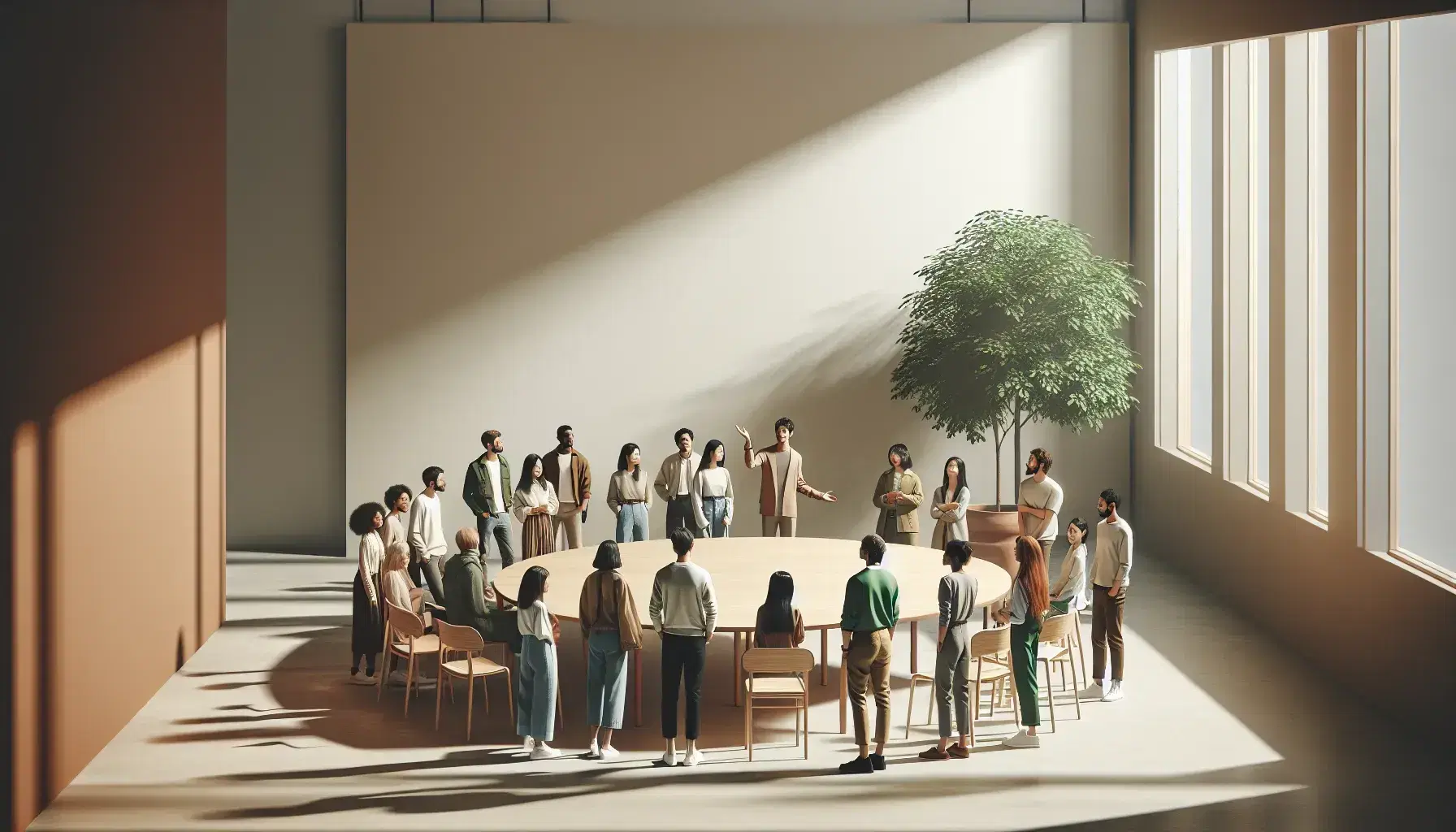 Grupo diverso de personas en animada conversación alrededor de una mesa redonda en una sala iluminada naturalmente con una planta verde al lado.