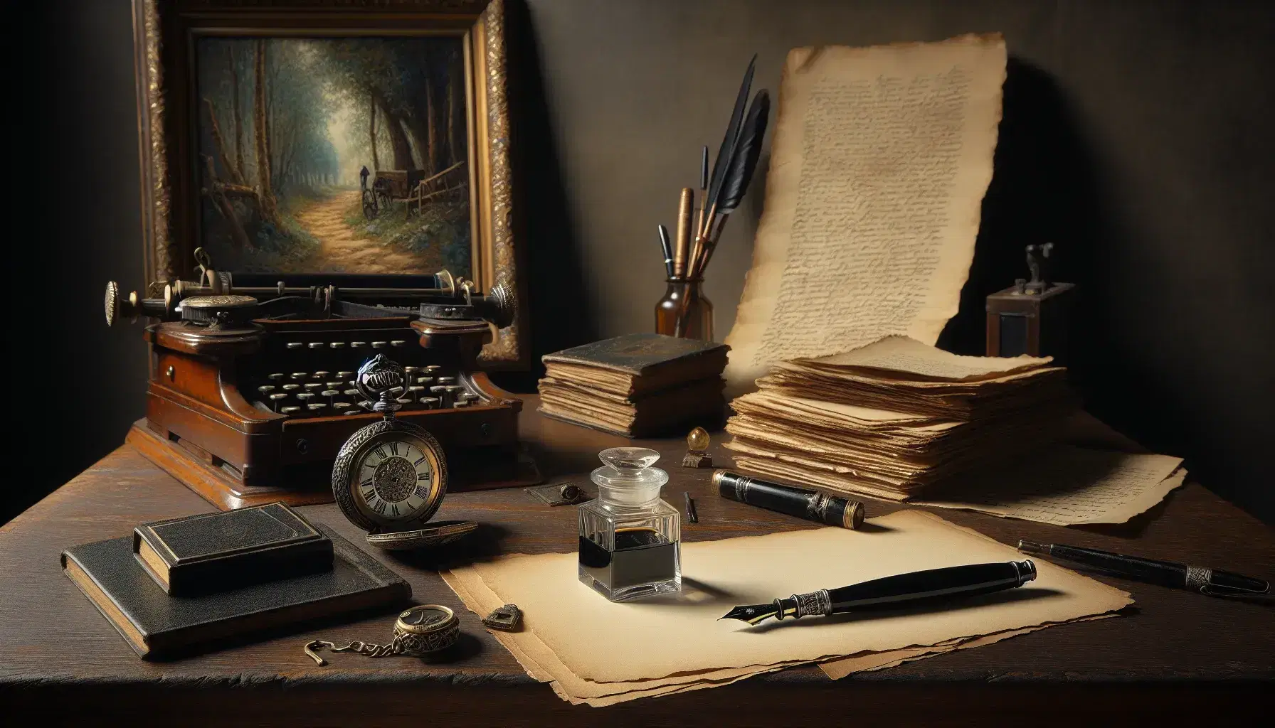 Scrivania antica in legno scuro con penna stilografica nera, calamaio, carta avorio, orologio da tasca dorato e quadro paesaggistico.