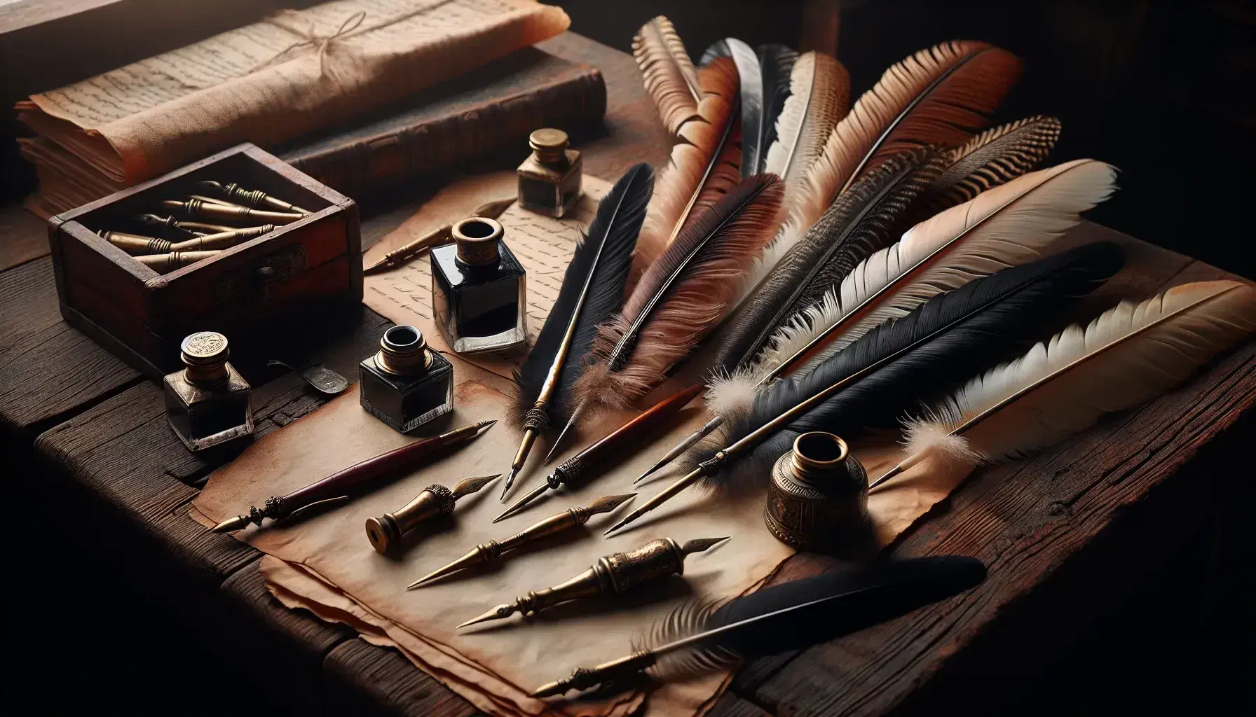 Antique quill pens with varying feather colors and polished brass inkwells on a dark wooden desk, accompanied by a stack of parchment papers.
