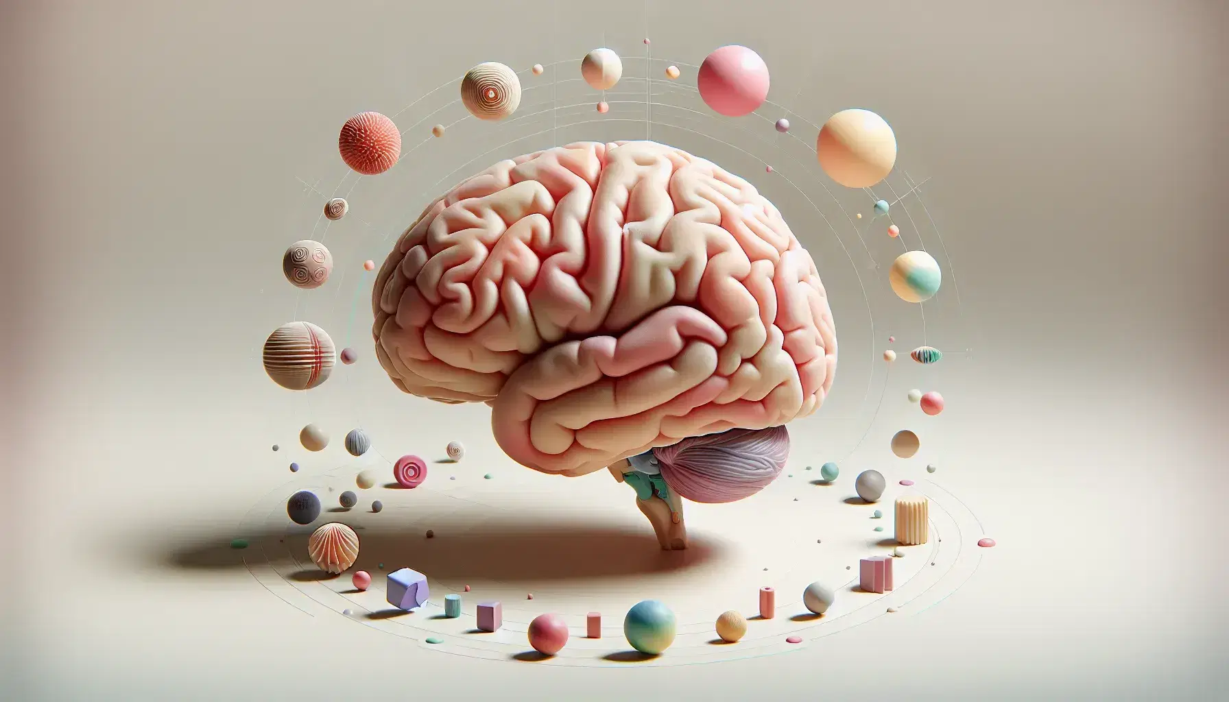 Detailed anatomical model of human brain in lateral view on neutral background with floating translucent colorful geometric shapes.