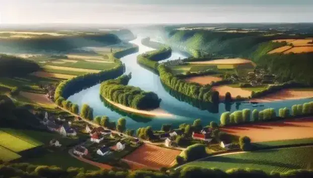 Vista panoramica di una valle fluviale in Francia con fiume serpeggiante, colline verdi, campi coltivati e piccola città con tetti rossi.